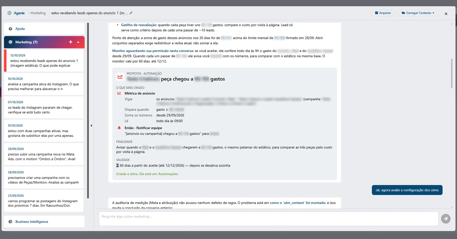 Janela do Agente no + Alunos CRM: à esquerda, os agentes e o histórico de pedidos de marketing; à direita, a análise do agente e uma proposta de automação com o que será criado, quando dispara, a finalidade e a validade.